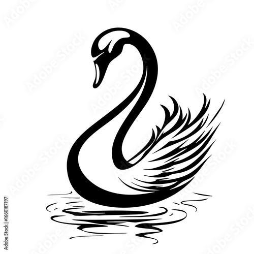 Elegant black vector design of a swan gracefully gliding on the water with detailed plumage and rippling reflections below