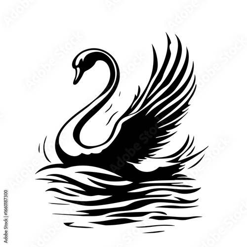 Elegant black vector representation of a swan with outstretched wings gliding across rippling water, showcasing tranquility and grace