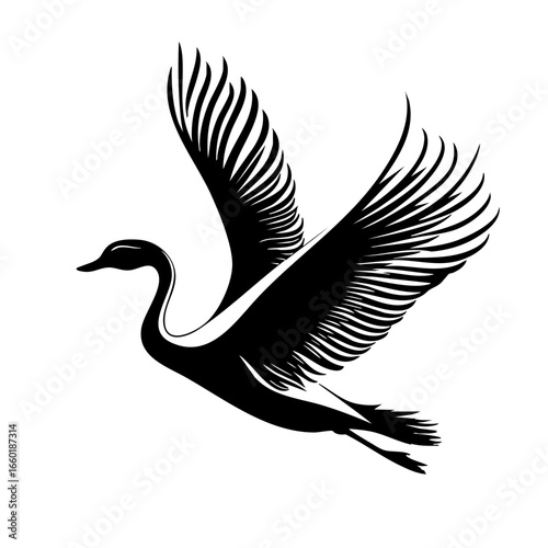 Elegant black vector of a flying swan showcasing intricate wing details in a graceful pose