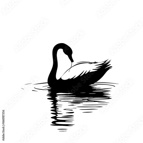 Elegant black vector swan gracefully gliding over calm water with gentle ripples reflecting its silhouette during a tranquil moment