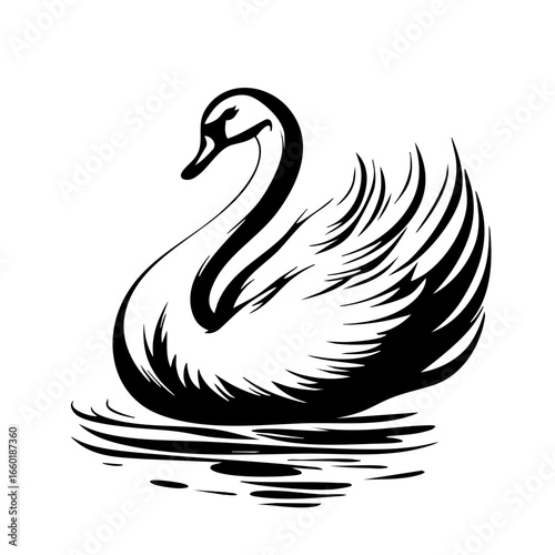 Elegant black vector swan gliding gracefully over serene water with detailed feather design