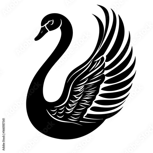 Elegant black vector of a swan with detailed wings and graceful posture showcasing natural beauty and poise
