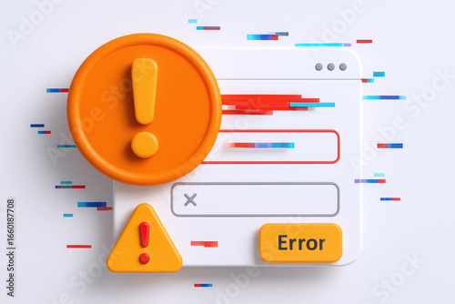 Colorful 3D error alert graphic with exclamation mark and error message in a modern digital interface setup.