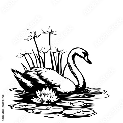 Elegant black vector swan surrounded by water lilies and reeds in serene pond setting