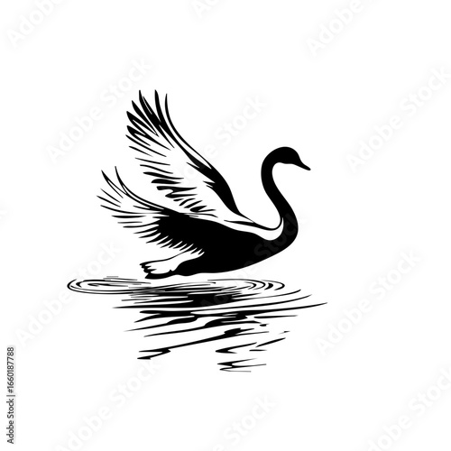 Elegant black vector of a swan gliding across water with wings outstretched in a serene natural setting
