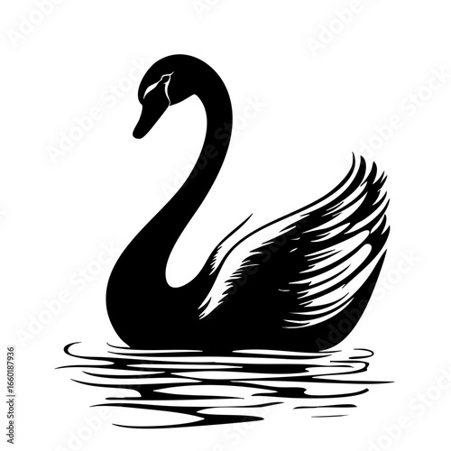 Elegant black vector silhouette of a graceful swan gliding through tranquil waters during sunset