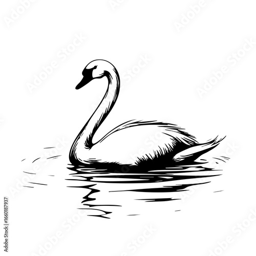 Elegant black vector swan gracefully gliding across calm water surface during a serene sunset