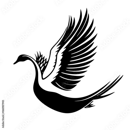 Elegant black vector of a flying swan with detailed plumage showcasing grace and beauty in motion