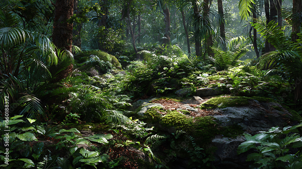Fototapeta premium Lush Jungle Scene with Mossy Rocks and Dense Green Foliage