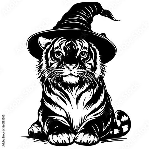Black vector illustration of a tiger wearing a witch hat, ideal for Halloween-themed designs or decorations featuring wild animals