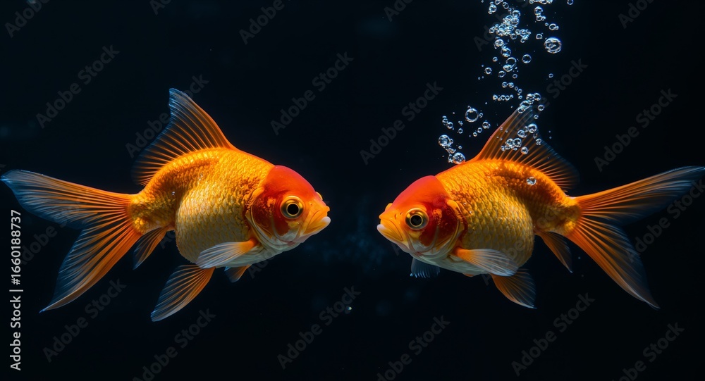 Fototapeta premium Two Goldfish Swimming Face to Face in Dark Water with Bubbles, Closeup View.