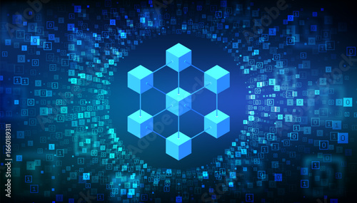 Blockchain technology background. Binary Data Flow. Virtual tunnel warp made with digital code. Information blocks in cyberspace. Decentralized network. Fintech cryptocurrency. Vector illustration.