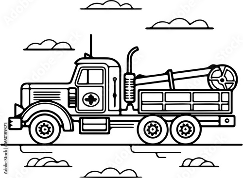 Classic black vector illustration of a vintage truck hauling logs through a stylized cloud-filled landscape