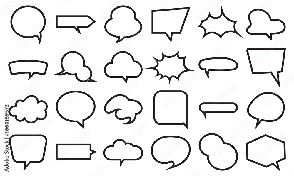 Fototapeta premium Black speech bubble shapes collection. Set of black speech and thought bubble shapes for design, comics, chat, and communication graphics on white background. 