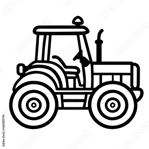 Detailed black vector illustration of a tractor emphasizing its features and design without any additional elements