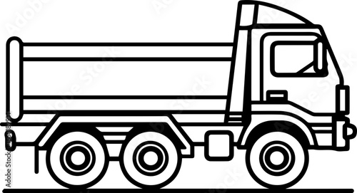 Detailed outline of a dump truck design showing wheels, cargo bed, and cab structure for illustrative purposes