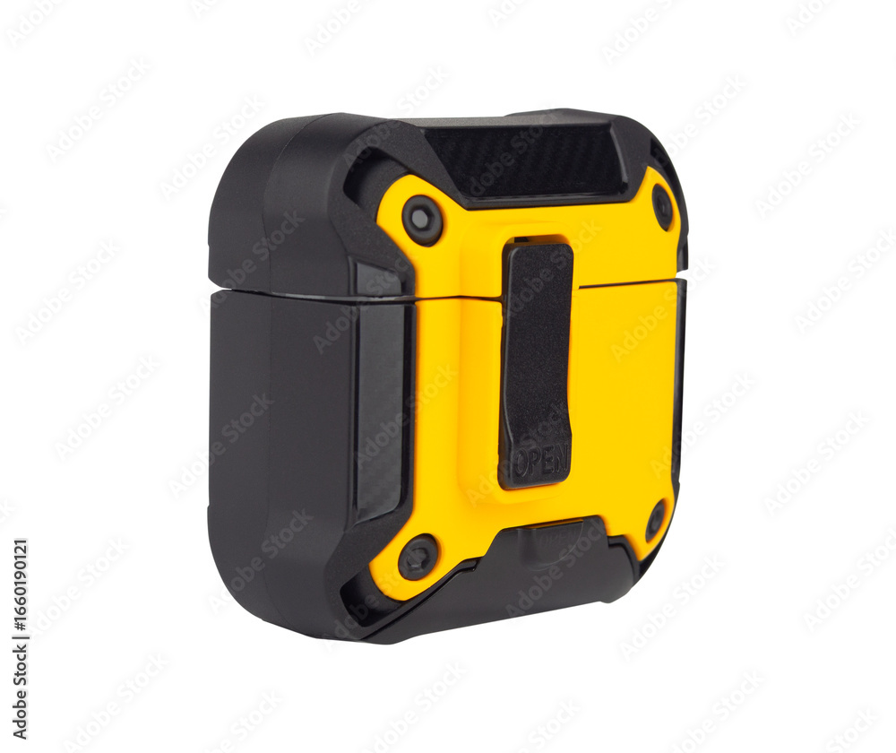 Naklejka premium protective case with carabiner for wireless headphones, isolated from the background