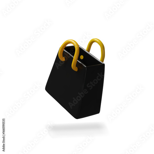 A glossy 3D black shopping bag left with golden handles isolated on white background. Ideal for Black Friday, Cyber Monday, holiday sales, store promotions, and retail discount banners.