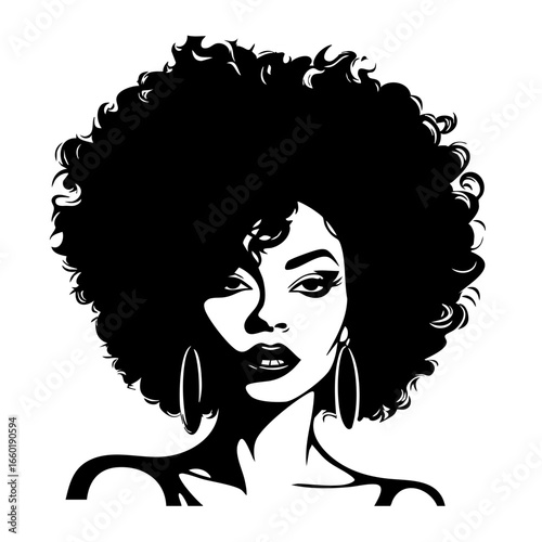 Elegant black vector art of a confident woman with voluminous curly hair and bold earrings, showcasing beauty and strength