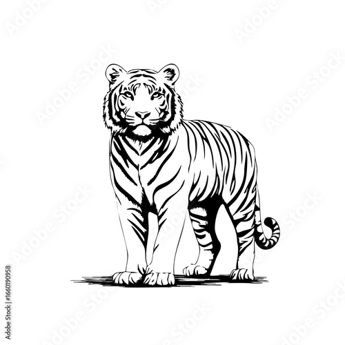 Detailed black vector illustration of a tiger standing confidently with distinct stripes and expressive features