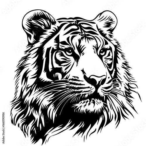 Majestic tiger illustration showcasing intricate details of fur and fierce expression in a powerful black vector design