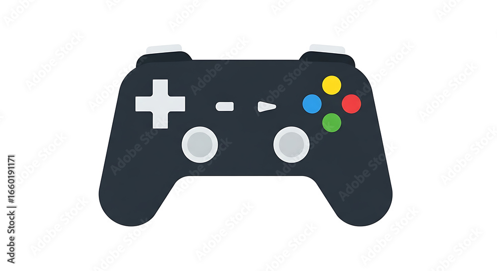 A black game controller with a white directional pad and colored buttons on a white background A black game controller with a white directional pad and colored buttons on a white background