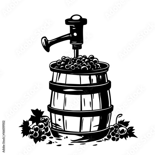 Vintage grape press with barrel and grapes showcasing winemaking heritage and traditions in a rustic setting