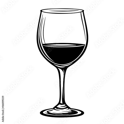 Elegant representation of a wine glass filled with dark liquid, showcasing fine lines and curves of the glass and its contents