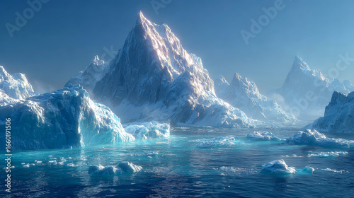 Majestic icebergs rise dramatically from the tranquil blue waters, reflecting sunlight in a serene polar landscape, showcasing the beauty of nature and its icy formations
