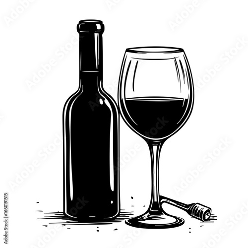 Collection of wine bottle and glass with a corkscrew on a table captured in black vector art style showcasing elegance and simplicity
