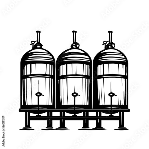 Three black vectors of fermentation tanks used in brewing process for craft beer production