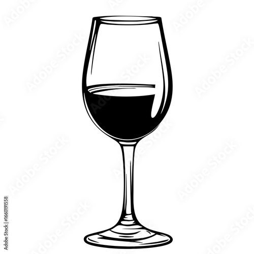 Elegant black vector illustration of a wine glass filled with dark liquid, showcasing intricate design and smooth curves