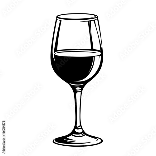 Elegant black vector of a wine glass filled with red wine suitable for wine tastings, celebrations, or dining occasions
