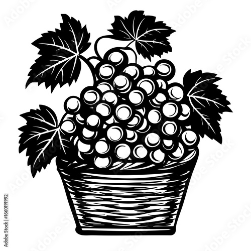 Freshly harvested bunches of grapes arranged in a woven basket showcasing nature's bounty