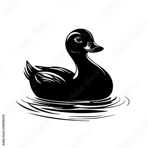 Elegant silhouette of a duck gracefully floating on water with ripples highlighting its serene presence in a tranquil setting