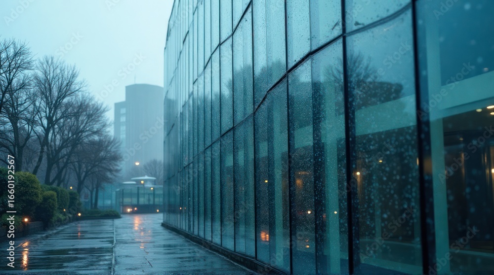 Obraz premium Modern Building with Glass Facade on Rainy Day in the City