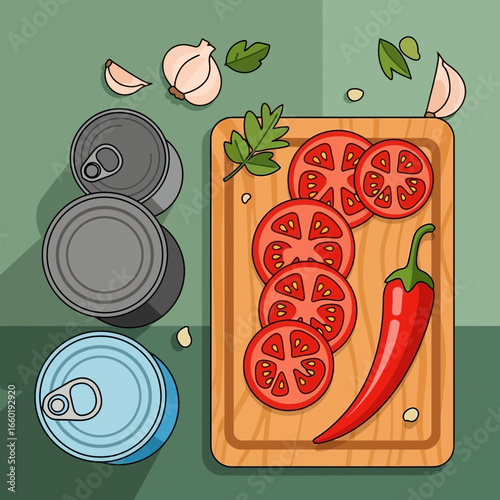 Canned Goods and Fresh Ingredients A Culinary Still Life Illustration