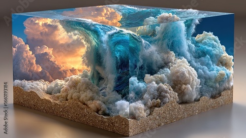 Ocean Wave and Cloud in Cube Conceptual Abstract