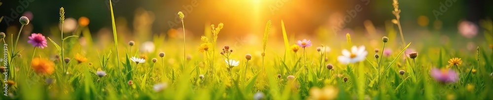 Fototapeta premium Golden hour sunlight bathes lush green meadow with wildflowers in full bloom Perfect for summer, nature, and outdoor themes Idyllic scene of vibrant natural beauty , bloom, outdoor, sunlit