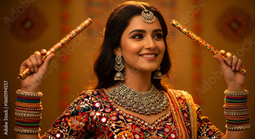 Joyful Indian Woman Celebrating Navratri with Dandiya Sticks