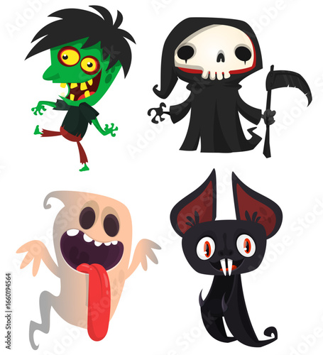 Cartoon set of Halloween characters design. Vector  illustration of zombie ghost grim reaper bat