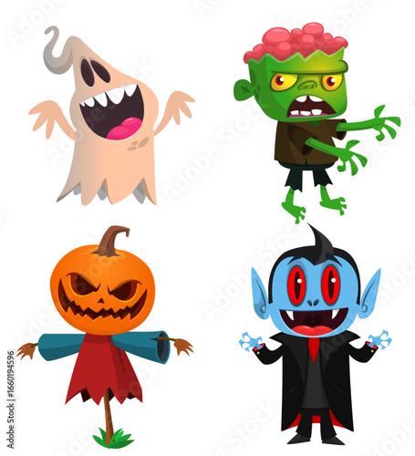 Cartoon set of Halloween characters design. Vector  illustration of mummy zombie vampire ghost devil 