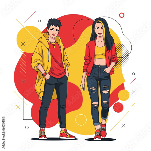 Illustration of Two Young Adults in Stylish Outfits Posing with a Pop Art Background