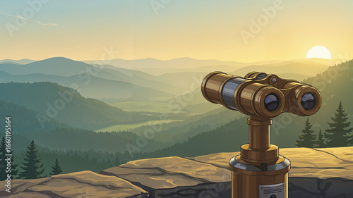 Scenic mountain view with binoculars at sunrise in nature, copy space    