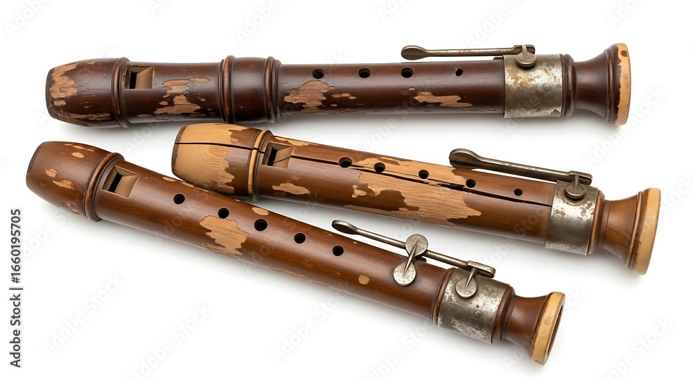 Naklejka premium Antique Wooden Recorders on White Background.