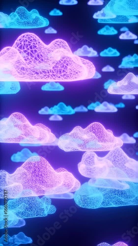 Ethereal Neon Wireframe Clouds Drift Through a Dreamy Digital Sky