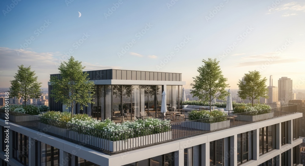 Fototapeta premium Modern Building with a Beautiful Rooftop Garden and Outdoor Seating Area, Offering a Serene Urban Oasis Against a Cityscape at Sunset.