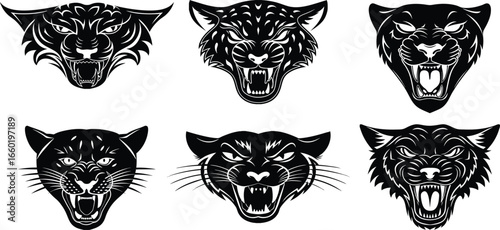 Fierce Panther Faces Collection: A collection of striking panther faces, each expressing raw power and untamed wilderness spirit. The set encapsulates the untamed essence and majestic presence.
