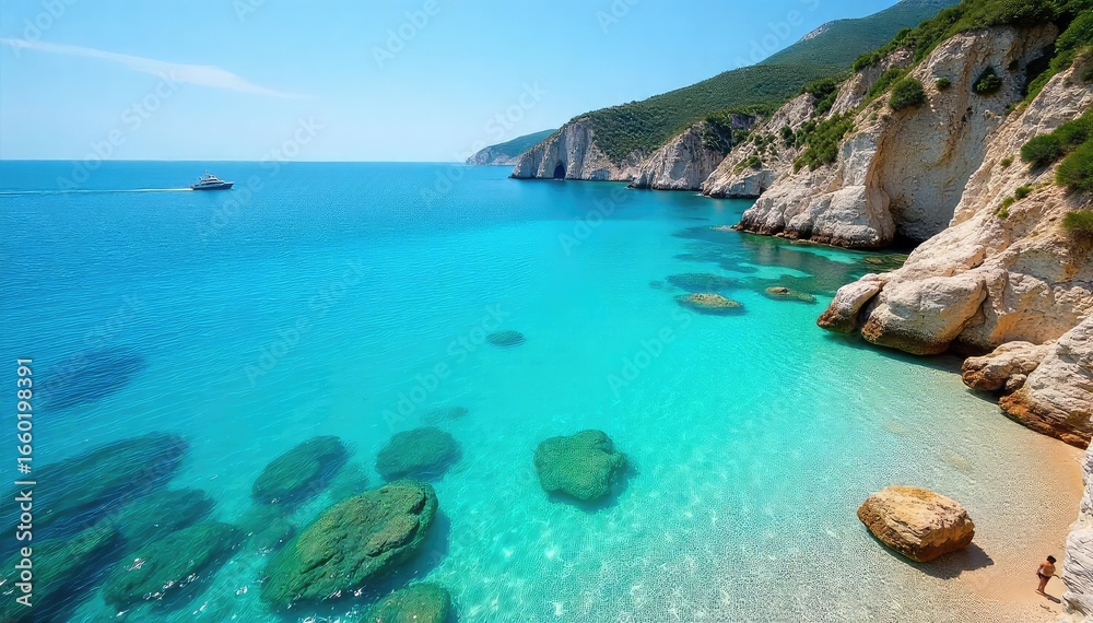 Obraz premium Sun-Drenched Mediterranean Coast Crystal-Clear Turquoise Waters Perfect for Summer Vacation Travel Brochures and Tourism Marketing