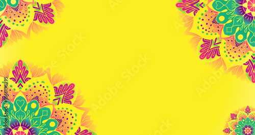 Vibrant mandala corners on a bright yellow background